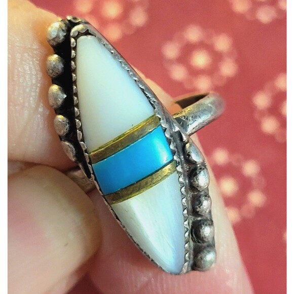 Vintage Navajo Turquoise & Mother of Pearl Sterling Silver Old Pawn Ring 6.25 - Picture 4 of 10